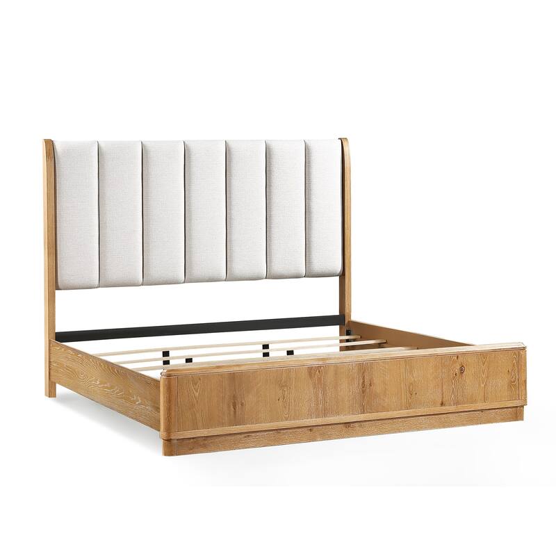 Queen Size Upholstered Panel Bed with Natural Wood Finish and Off-White Fabric