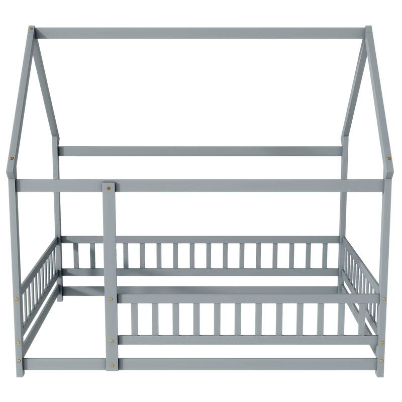 Full Size House Floor Wooden Bed with Roof Frame