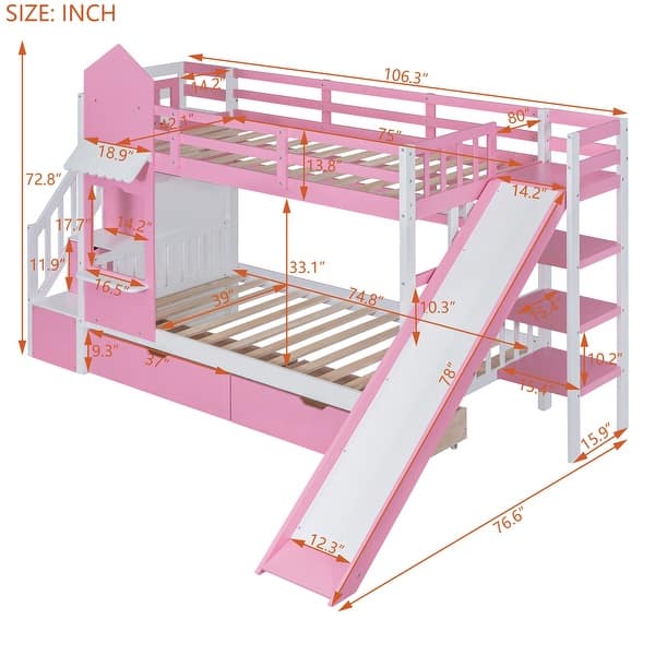 Traditional Castle Style Twin Over Twin Bunk Bed with Slide,2 Drawers Under-Bed and Storage Staircase