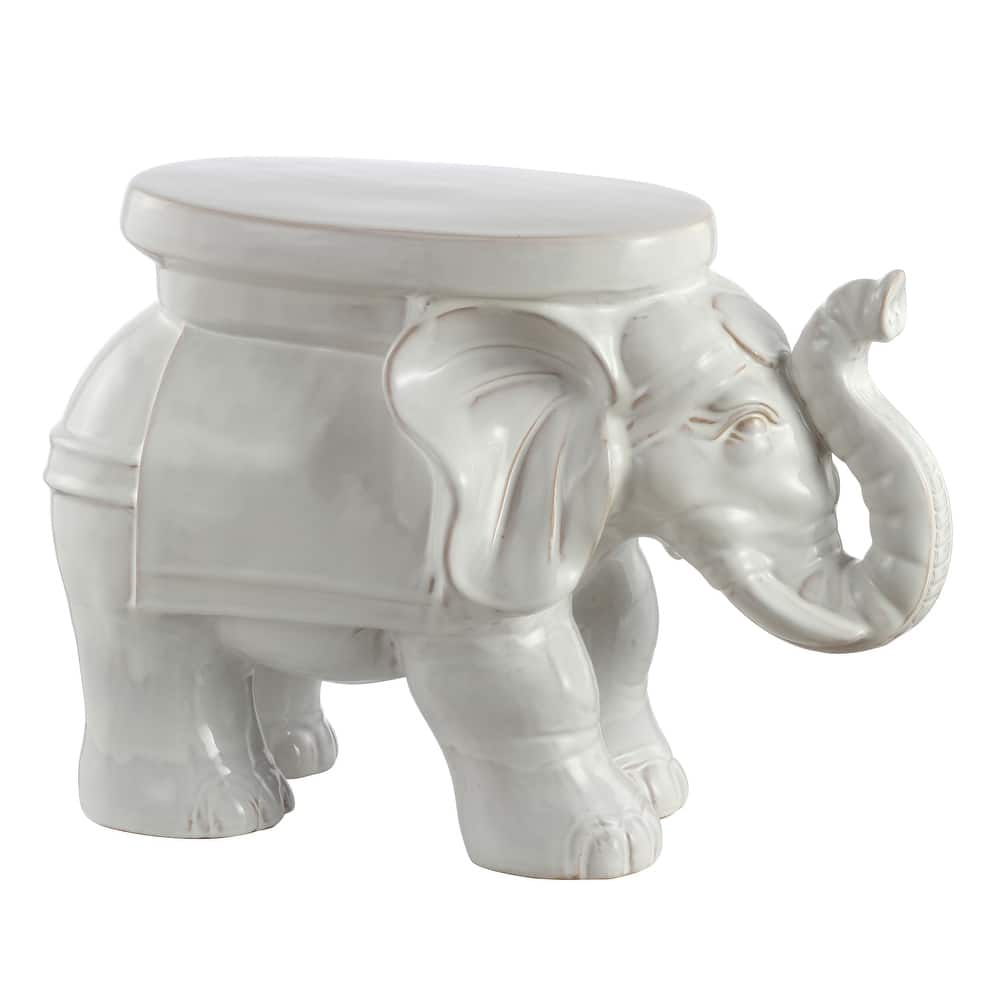 White Elephant 14.2" Ceramic Garden Stool, White by JONATHAN Y