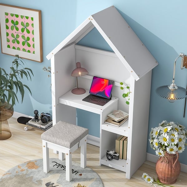 slide 2 of 14, House-Shaped Kids Desk with a cushion stool House-Style Desk and Stool Set White