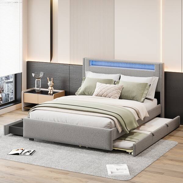 slide 2 of 15, Teddy Fleece Upholstered Wingback Bed Frame wPull-out Trundle Bed, LED Light Bars and 2 Drawers, Modern Platform Bed for Bedroom Gray - Full