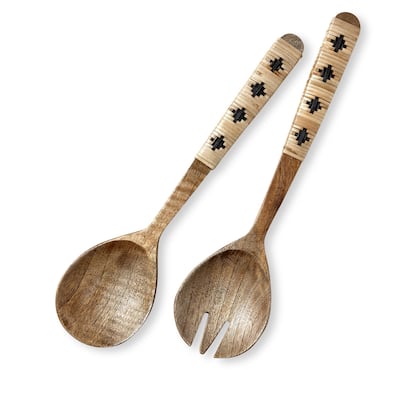 Bamboo Handle Serving Utensil Set - Natural Mango Wood Serving Spoons for Everyday Use - Hand Wash Only - 12" Long