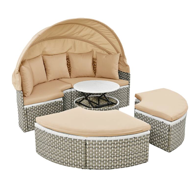 Outdoor 4-Piece Rattan Round Daybed Sunbed Set with Canopy & Table