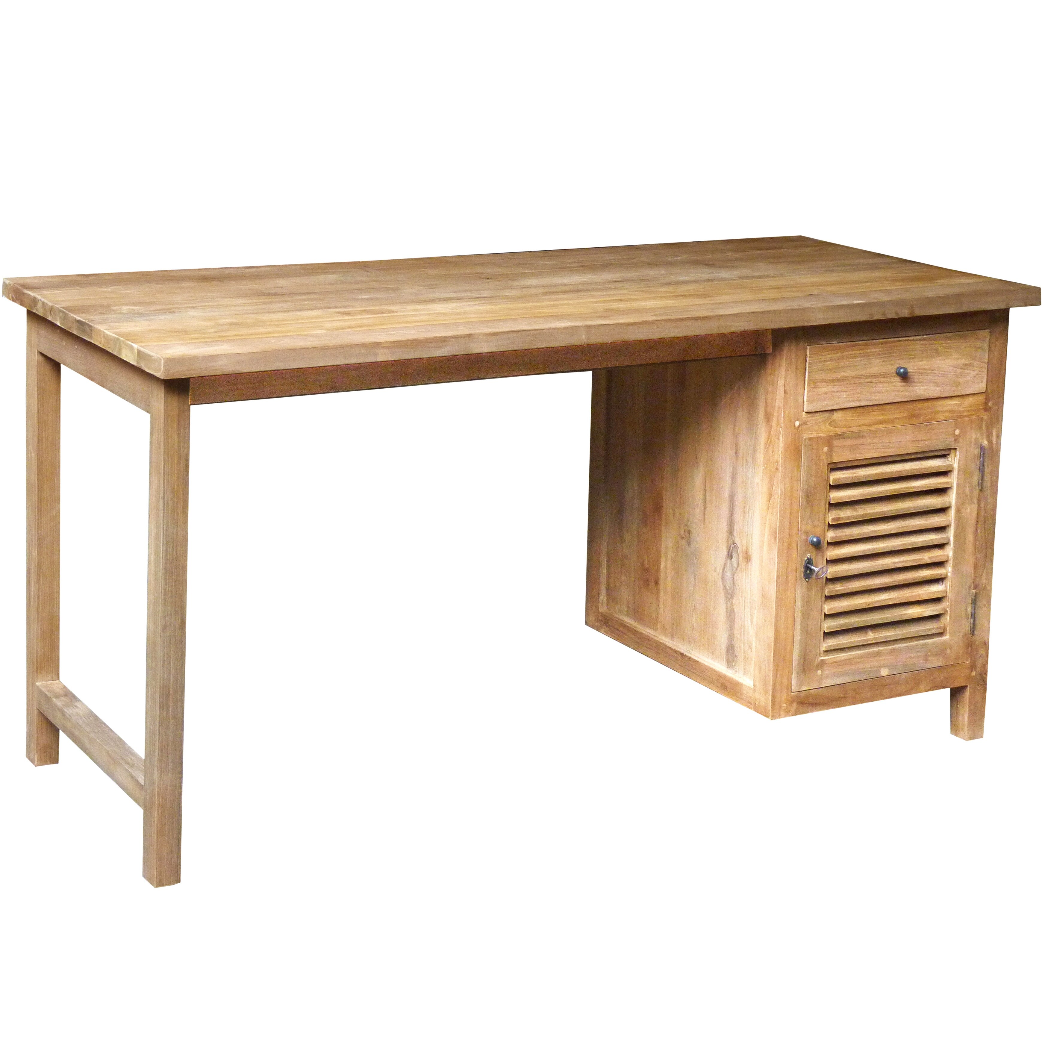 Recycled Teak Wood Louvre Writing Desk with 1 Door Drawer Bed