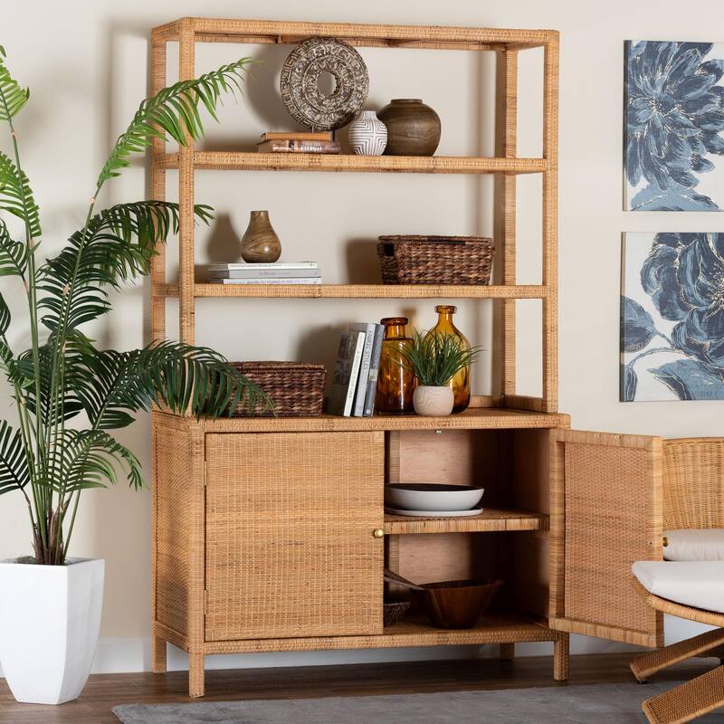 Mortis Natural Rattan Display Shelf with 2-Door Storage Cabinet - Coastal Boho Wicker Bookcase or Hutch for Living Room