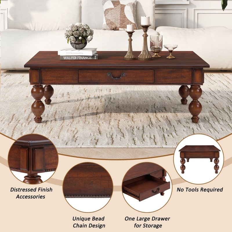 Rectangular 47" Wooden Coffee Table with Storage Drawer, Vintage Cocktail Table with Solid Wood Legs for Living Room Elegance