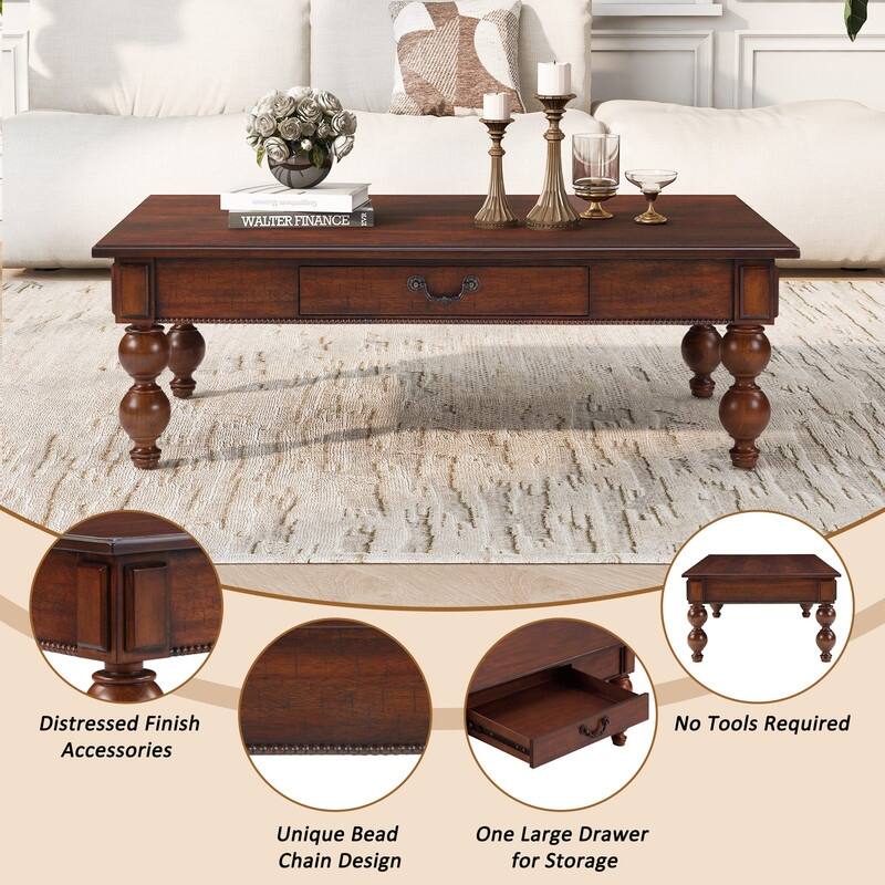 Retro 3-Piece Solid Wood Coffee Table Set with Storage Drawer, Vintage Design for Living Room and Office Decor