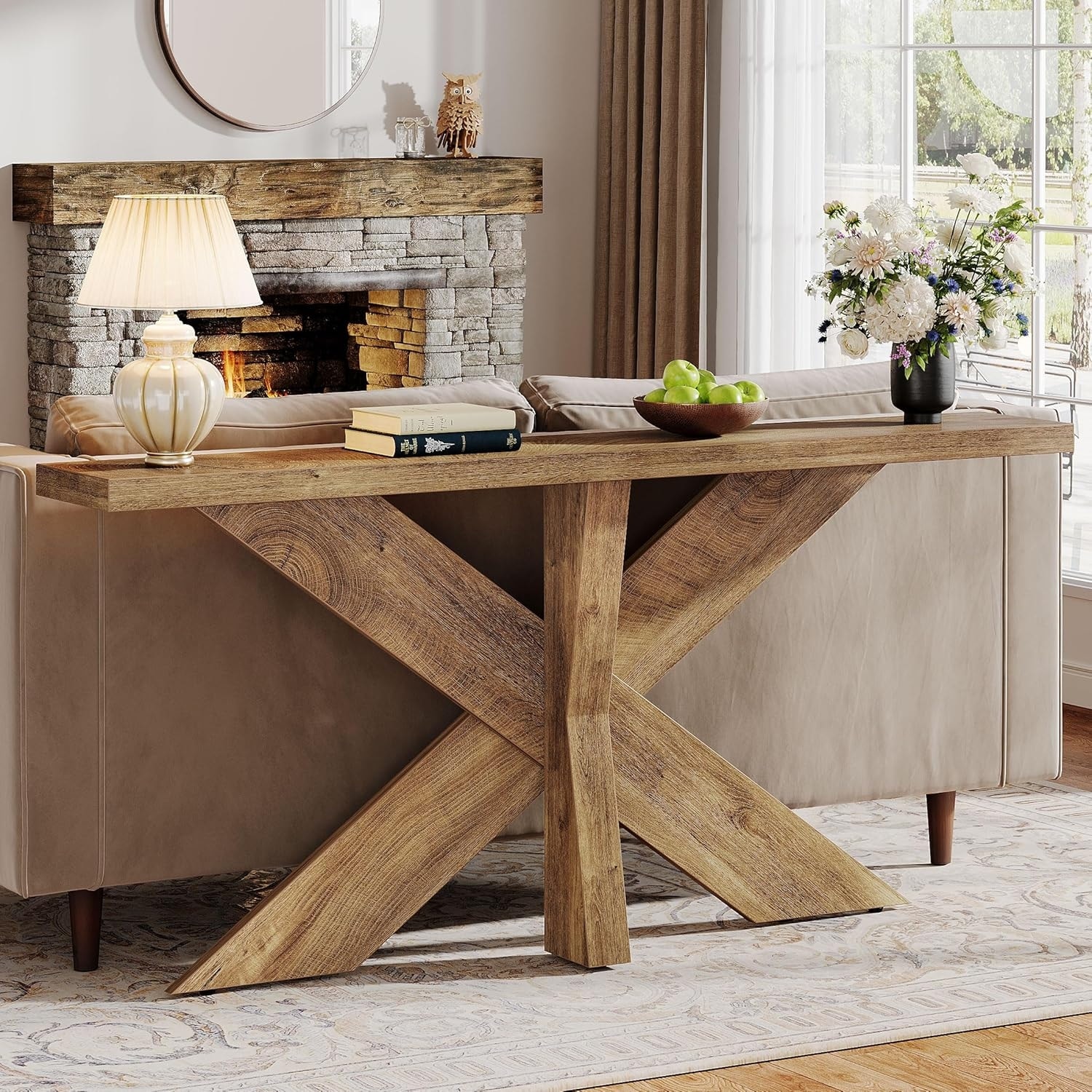 70.9" Oak Brown Farmhouse Console Table with Geometric Base, Long Sofa Table for Entryway or Hallway