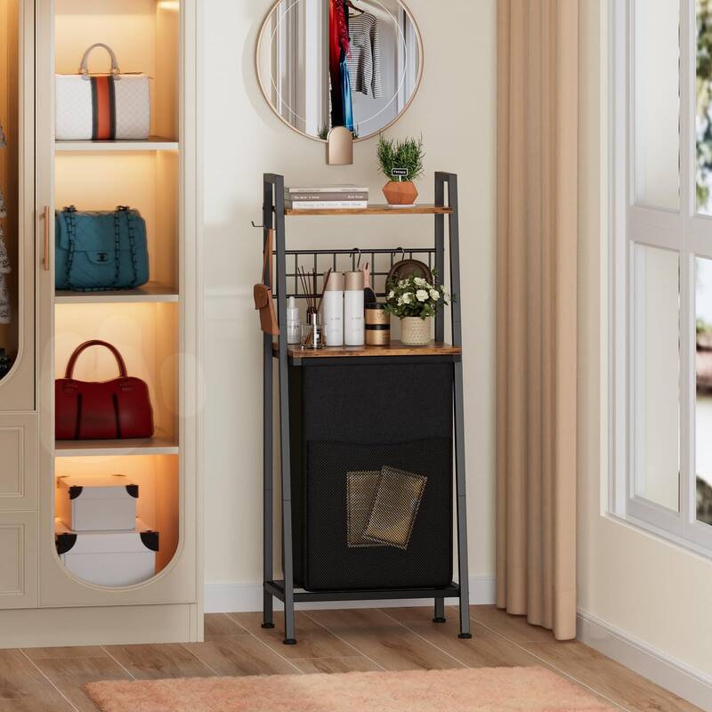 2 Tiers Laundry Hamper with Wooden Shelf and Hooks, ertical Laundry Basket with Pull-Out and Removable Bag