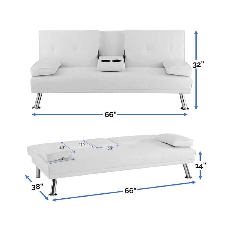 Futon Sofa Bed Couch with Armrest & Cupholders, Faux Leather Sofa Bed Couch Convertible Folding Reclining Small Couch