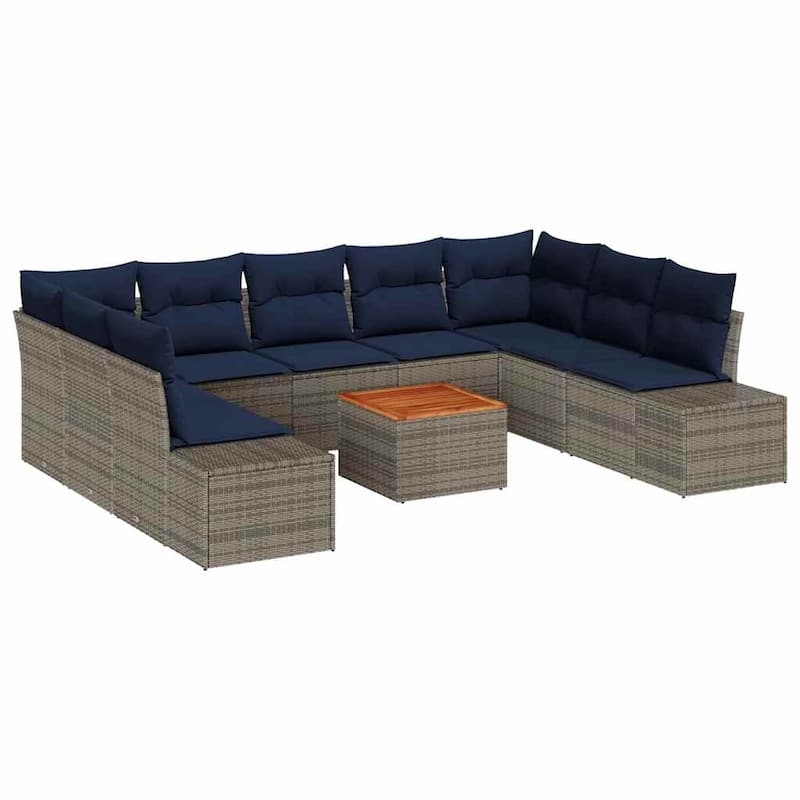 vidaXL 10 Garden Sofa Set with Cushions Black/Grey Poly Rattan - 113.8 x 82.3 x 27.2