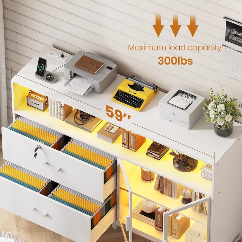 59" LED File Cabinet 2 Drawers Filing Cabinets Legal/Letter/A4 File