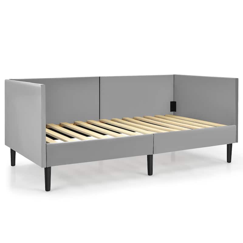 Costway Twin Daybed Upholstered Linen Wooden Sofa Bed Frame Heavy Duty - Grey - Twin