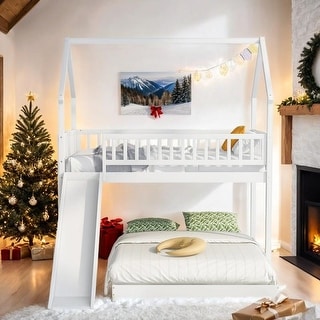 Twin over Full House Bunk Bed with Slide and Built-in Ladder, White