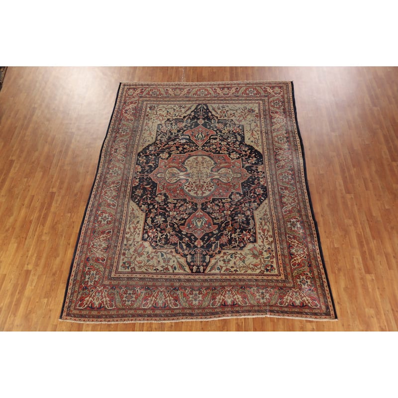 Hand Knotted Oriental 100% Wool Carpet Traditional Medallion Navy Blue & Blues Sarouk Area Rug - 11' 5'' X 8' 7''