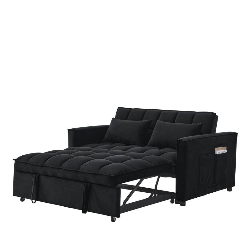 Black 53.94" Velvet 3 in1 Loveseat Pull-Out Sofa Bed withTwo Side Pockets and Adjustable Backrest for Living Room
