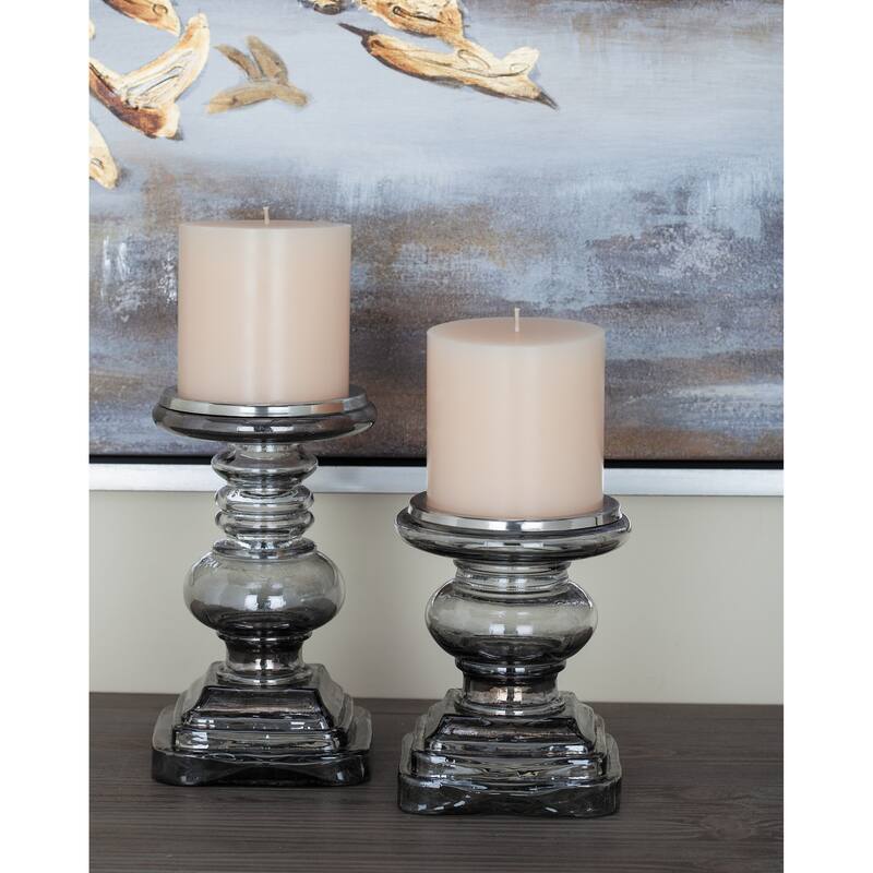 Silver or Clear Glass Handmade Turned Style Pillar Candle Holder (Set of 2) - S/2 9", 7"H - Clear