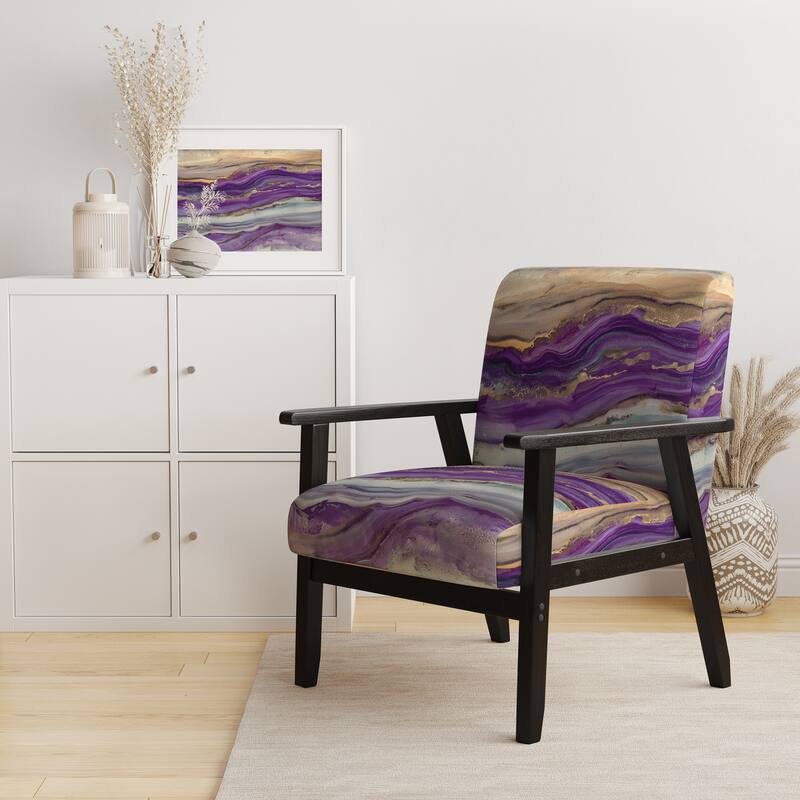 Designart "Coast Blue Sea Waves Watercolour" Upholstered Abstract Accent Chair - Modern Arm Chair For Bedroom - Arm Chair - Black Wood - Purple