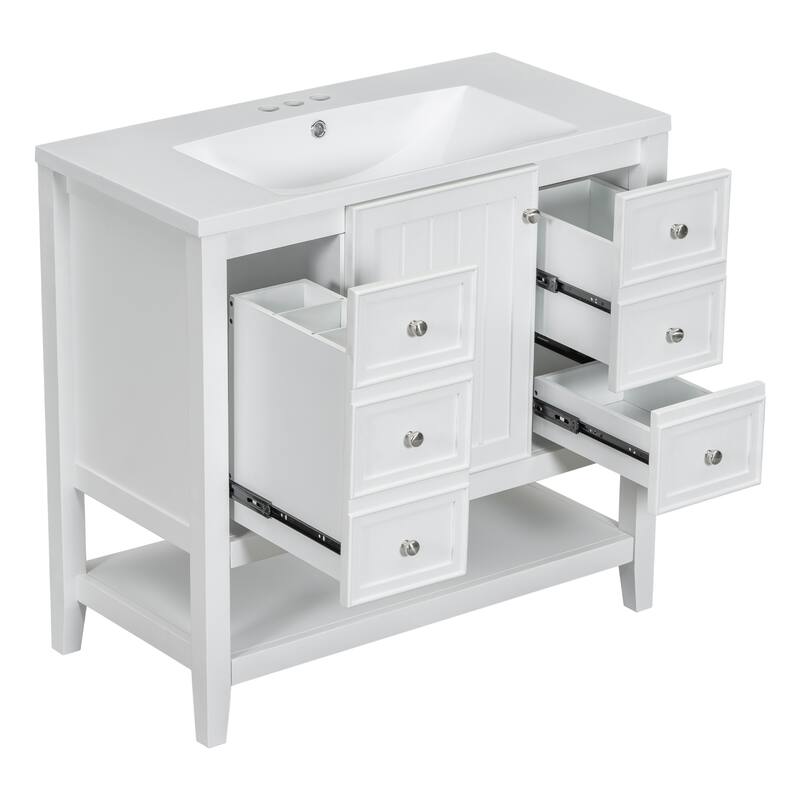 36" Bathroom Vanity With Sink, One Cabinet And Three Drawers, Solid Wood And Mdf Board