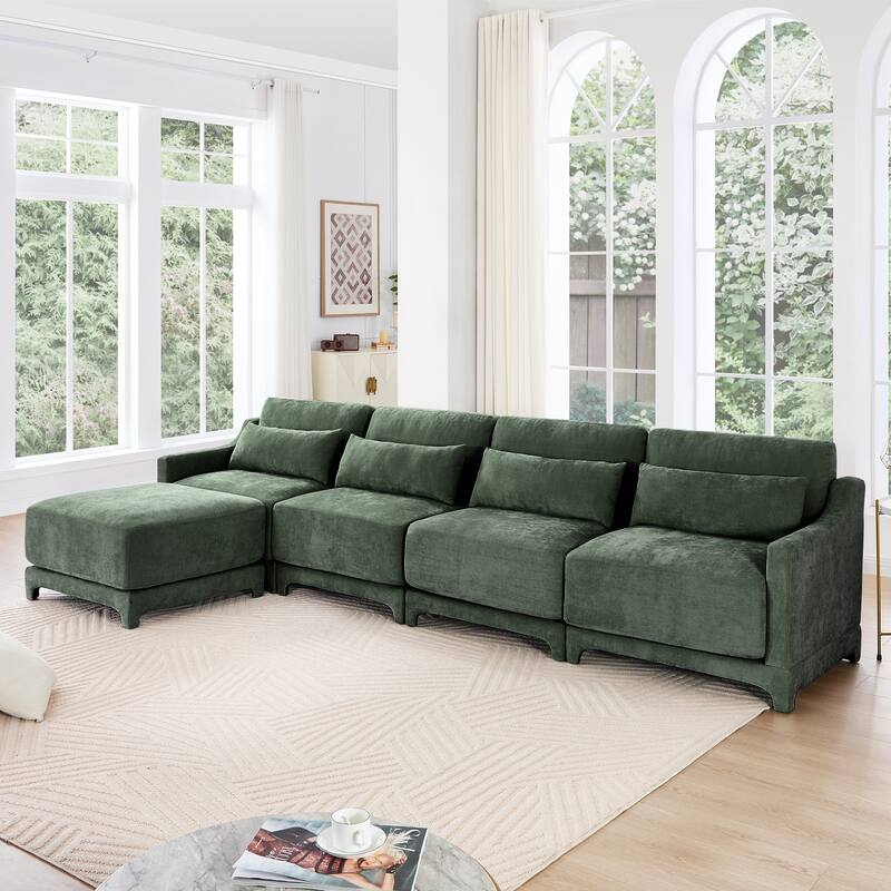 Modern Chenille Sectional Sofa with Lumbar Pillows for Living Rooms,Easy install - Green+4 Seaters with 1 Ottoman