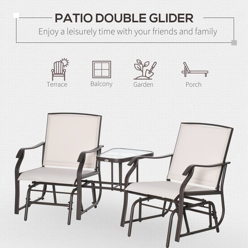 2-Person Outdoor Glider Loveseat with Built-In Table, Dual Rocking Patio Chairs with Steel Frame and Breathable Sling Fabric