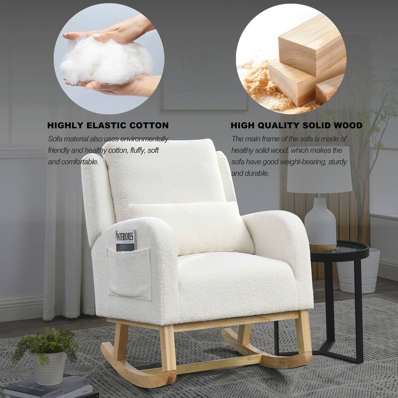 Grondin Modern Style Rocking Chair, Teddy Fabric Upholstered Nursery Rocker with Side Pockets