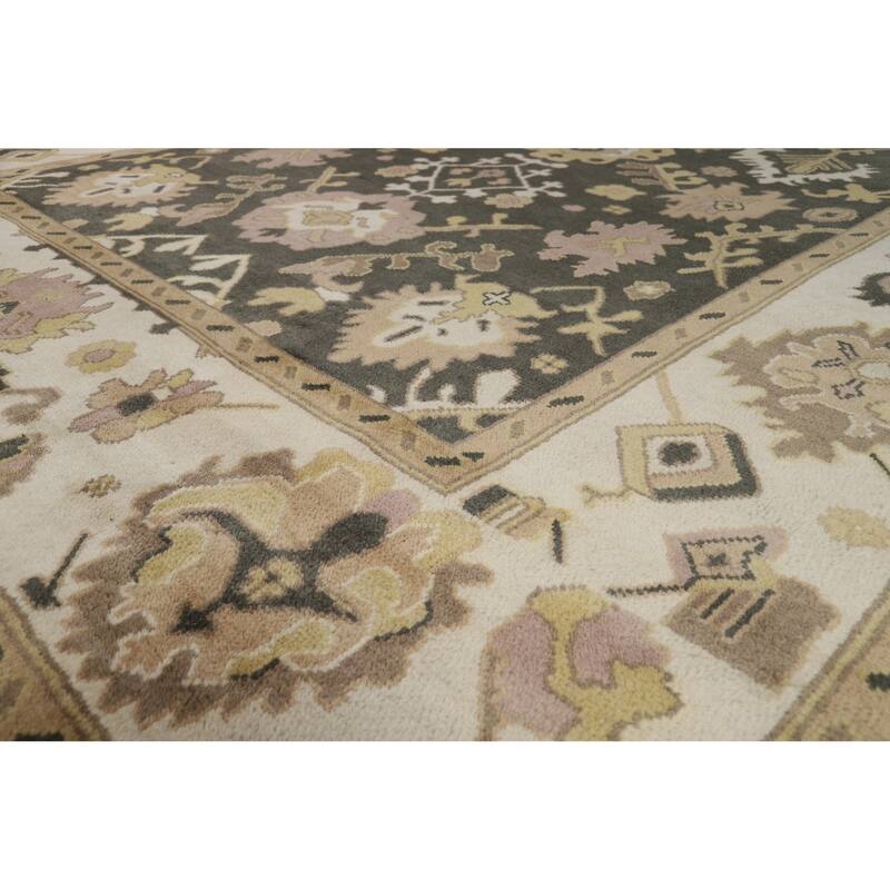 Charcoal Ivory Oushak Indian Area Rug Hand-Knotted Wool Carpet - 9'0" x 11'9"