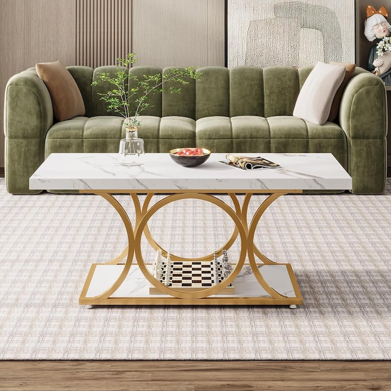 Rectangle Coffee Table, 2-Tier Faux Marble Wood Coffee Table