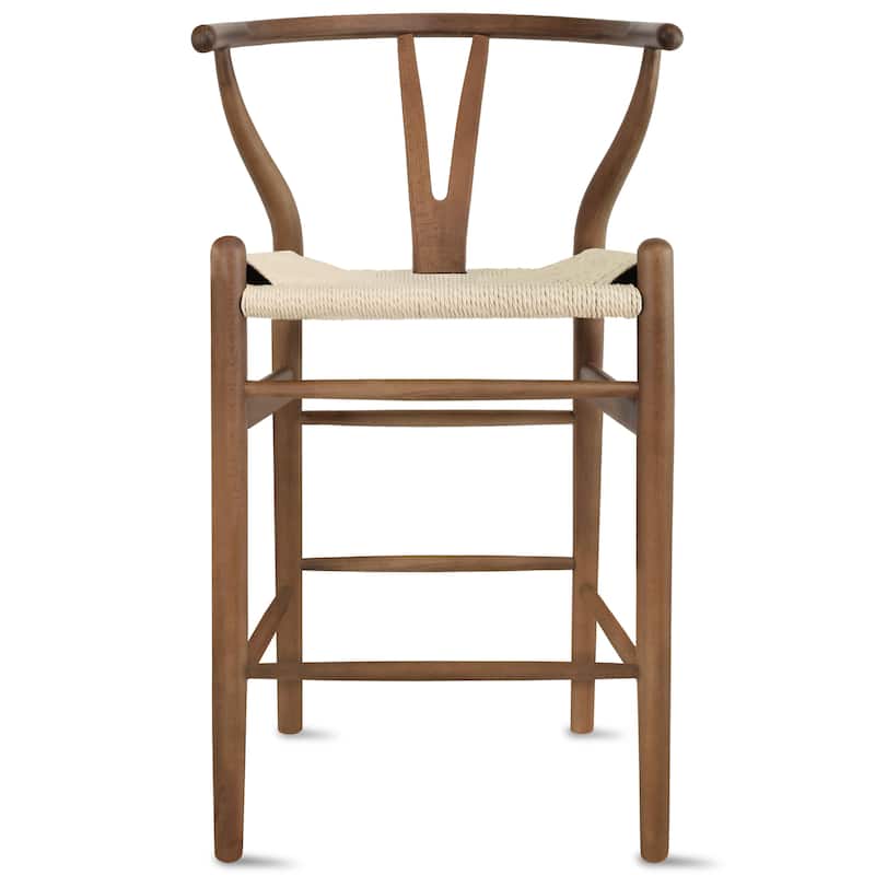 Set of 2 Solid Wood Elbow Barstool with Open Y Back Farmhouse Dining Office Chairs with Woven Beige Seat - N/A