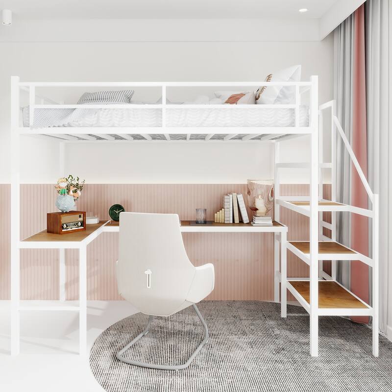 Space-Saving Loft Bed with L-Shaped Desk, Storage, and Safety Railing - White