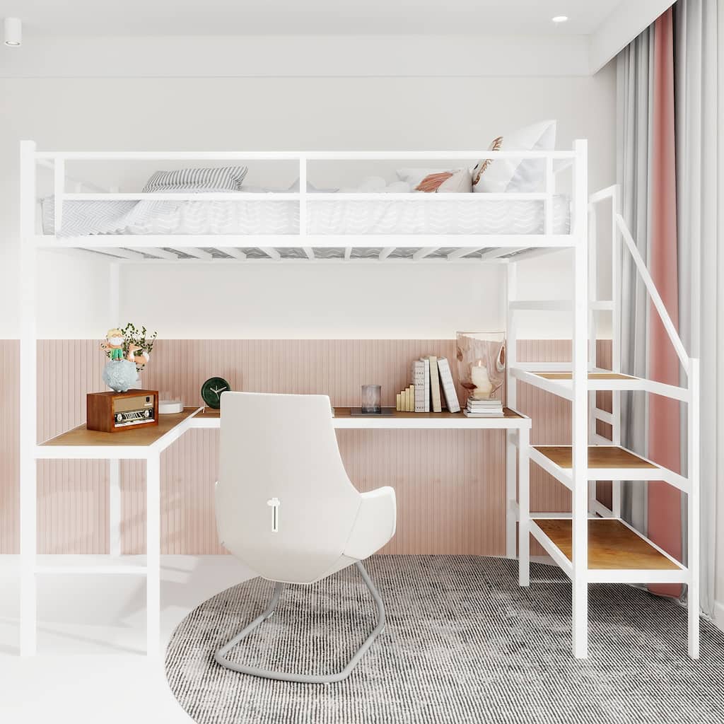 Space-Saving Loft Bed with L-Shaped Desk, Storage, and Safety Railing
