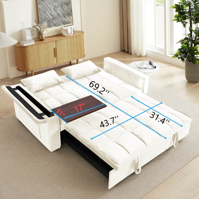 55.5" Convertible Velvet Double Sleeper Sofa Bed with Hidden Side Table