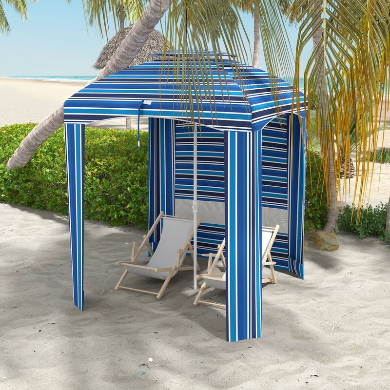 5.8' x 5.8' Portable Beach Cabana Umbrella with Double Canopy, Vents & Sandbags, Blue Stripe