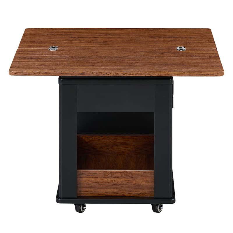 27.6" Modern Multi-Function Coffee Table Wood Side Table with Foldable Top, Casters, Multi-Tier Storage for Small Living Rooms
