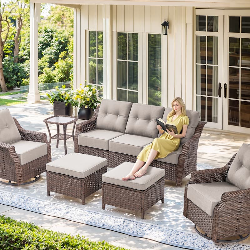 Outdoor 3 Seater Sofa Deep Seat Sofa - Beige Cushion - Brown