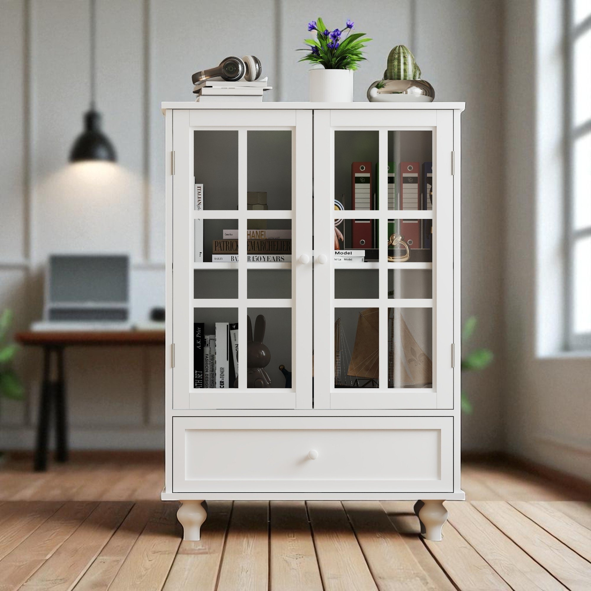 Modern Wooden Buffet Cabinet with Double Glass Doors & Drawer, Storage Sideboard for Dining Room & Entryway