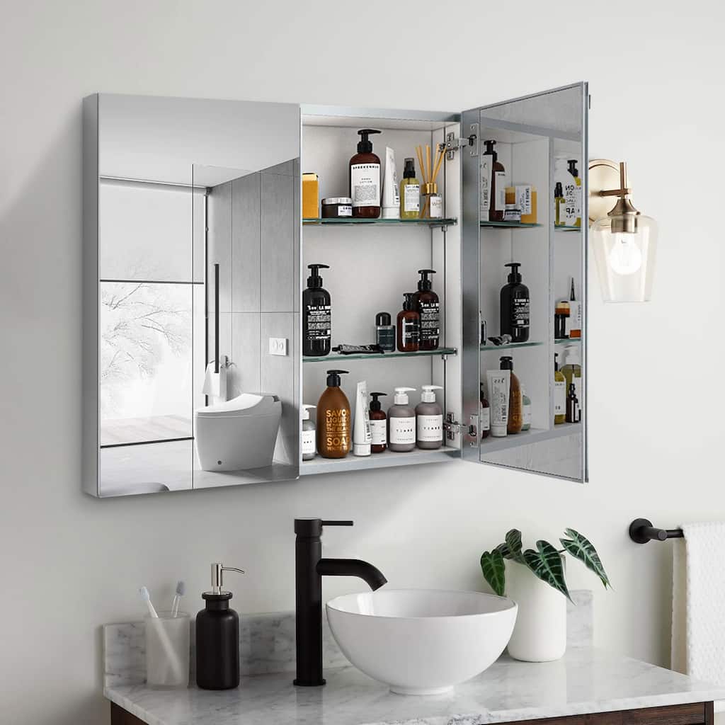 30x26 inch Double door mirror Aluminum medicine cabinet Surface Mount or Recessed Bathroom