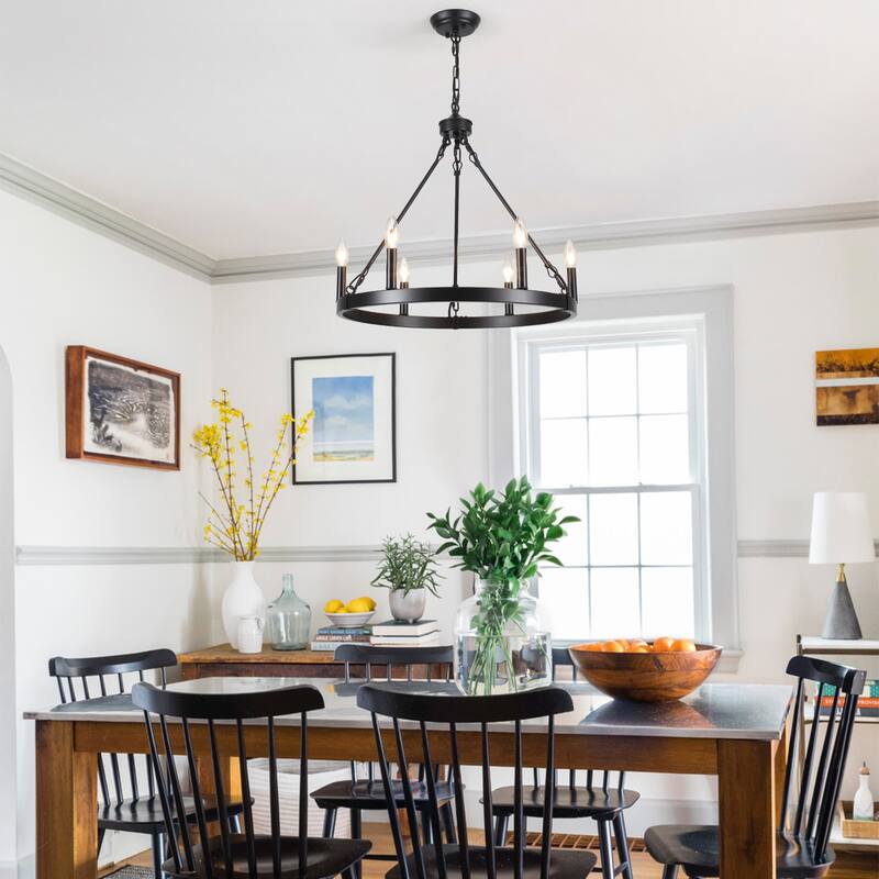 22.04 in. 6-Light Black Rustic Farmhouse Chandelier, Wagon Wheel Chandelier for Dining Room Living Room Bedroom Kitchen