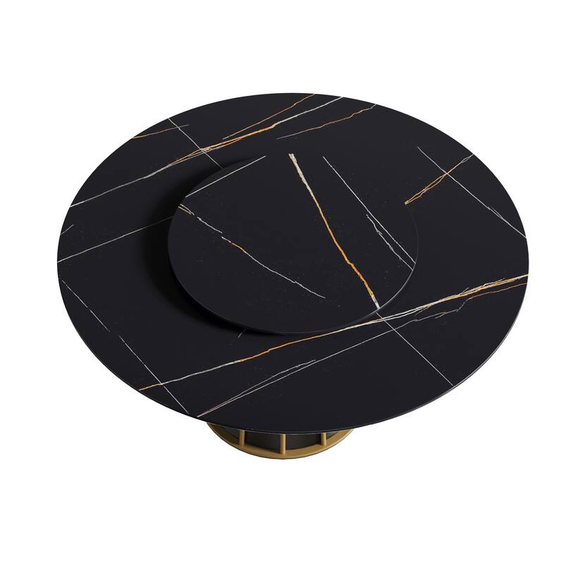 Round Metal Pedestal Dining Table Round Sintered Stone Table with Lazy Susan