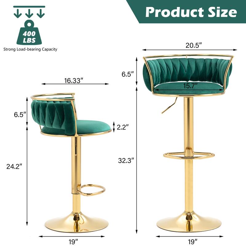 4 Set Velvet Adjustable Swivel Bar Stools With Backs