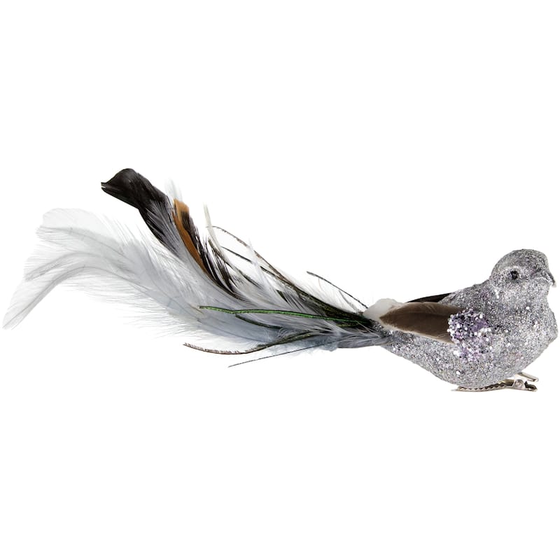 8" Glitter Embellished Clip On Bird With Feathers Christmas Ornament - Silver
