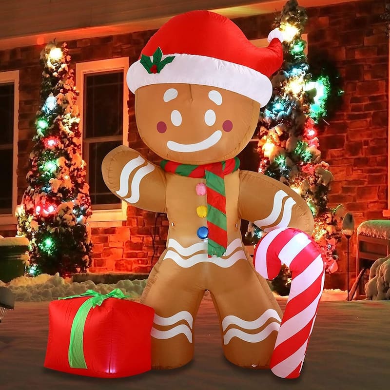 Joyfy 8ft Christmas Inflatable Gingerbread Man with Candy Cane, LED-lit