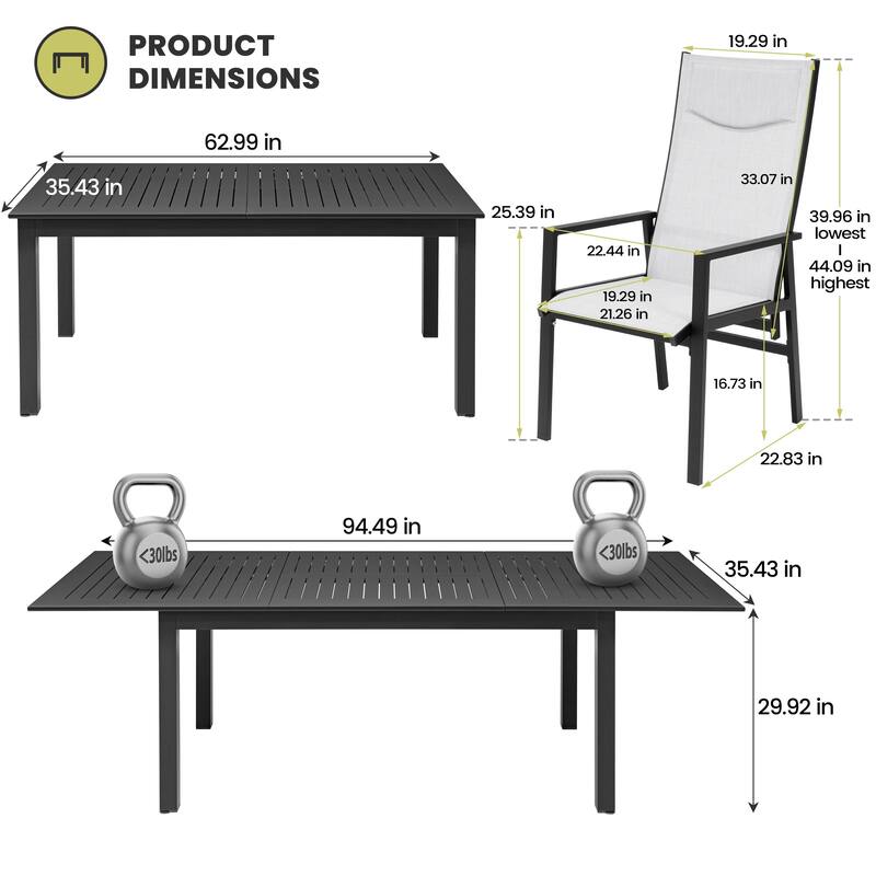 Outdoor Aluminum Expandable Dining Table and Folding Dining Chairs with Adjustable Back