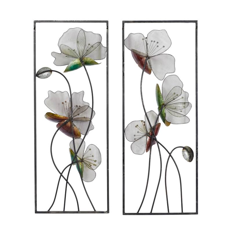 Black Metal Floral Home Wall Decor with Green and Orange Accents (Set of 2)