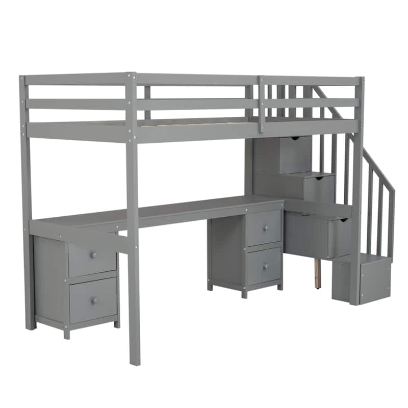 Twin Loft Bed with Built-in Desk and Double Storage Drawers, Gray
