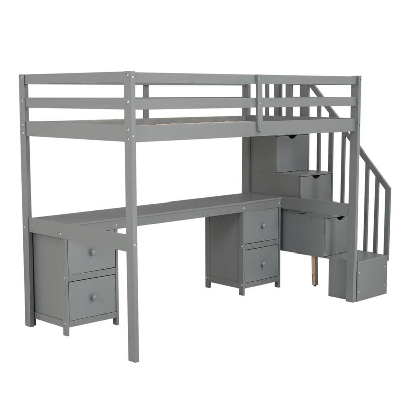 Twin Size Solid Wood Loft Bed with Built-in Desk and Double Storage Drawers