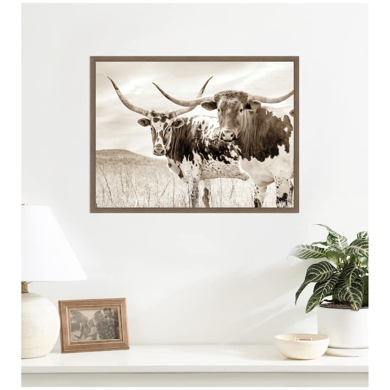 Kate and Laurel Sepia Texas Longhorn Cattle in Pasture by The Creative Bunch Studio Framed Canvas Wall Art Print