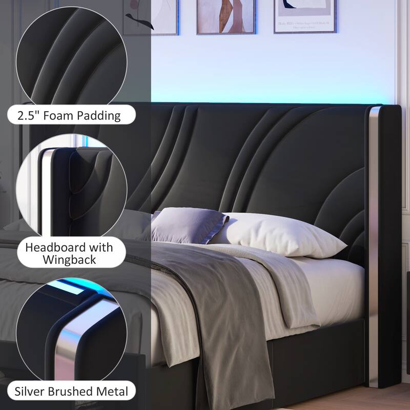 King Size Modern Upholstered LED Bed Frame