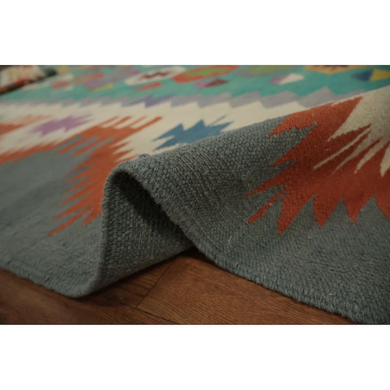 Hand Woven Oriental 100% Wool Carpet Southwestern Tribal Green Kilim Area Rug - 11' 10'' X 9' 0''